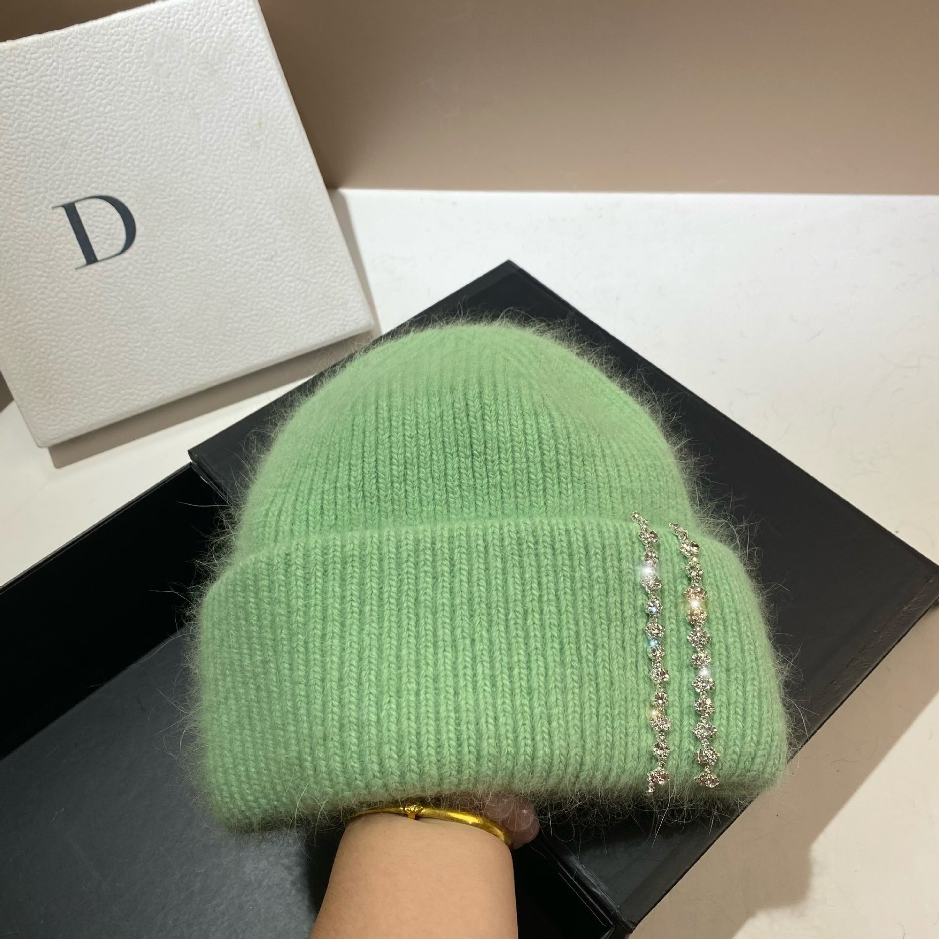 Wholesale Long Rabbit Fur Bi-fold Knitted Rhinestone Beanie