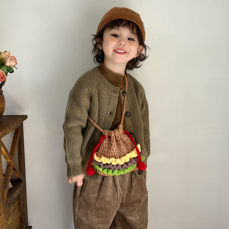 Wholesale Hamburger Woolen Bag Hand-knitted Drawstring Headphone Lipstick Bag Children's Crossbody Bag