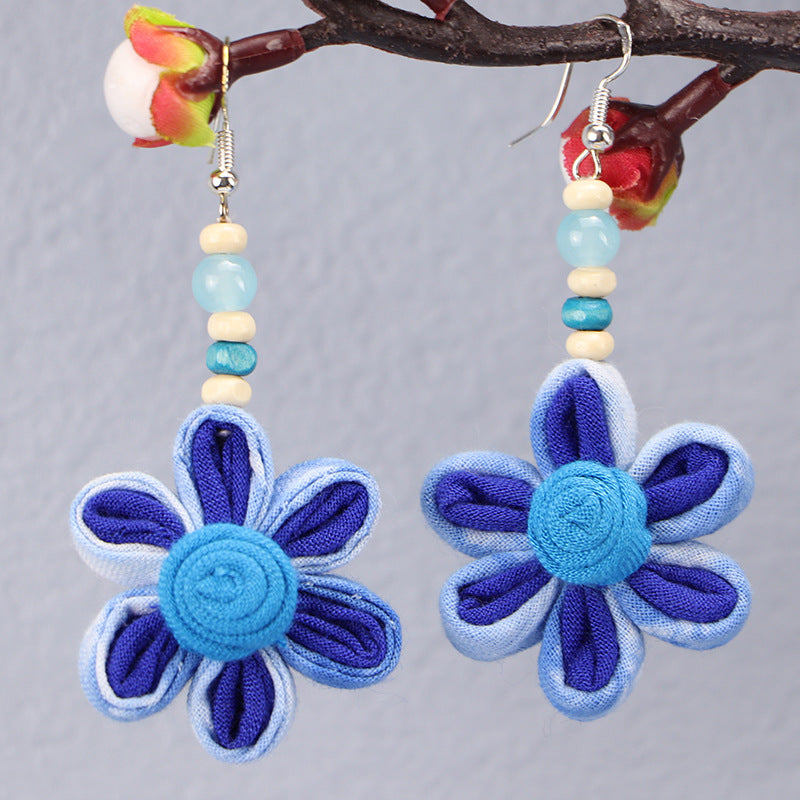 Wholesale Tie-dye blue dye earrings earrings ethnic style buckle flower blue earrings tie-dye earrings