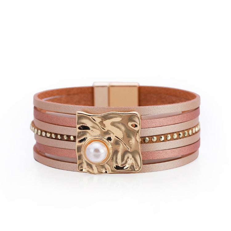 Wholesale Bohemian Multi-layered Leather Buckle with Pearl Bracelet