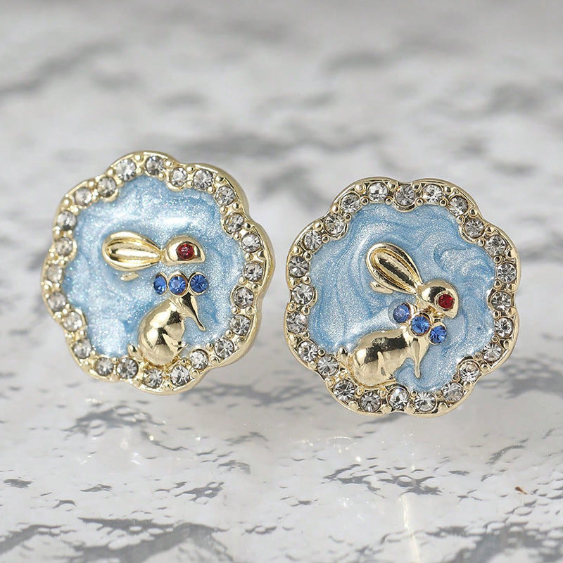 Wholesale Easter Diamond rabbit blue glaze gorgeous ladies party earrings niche design all-match