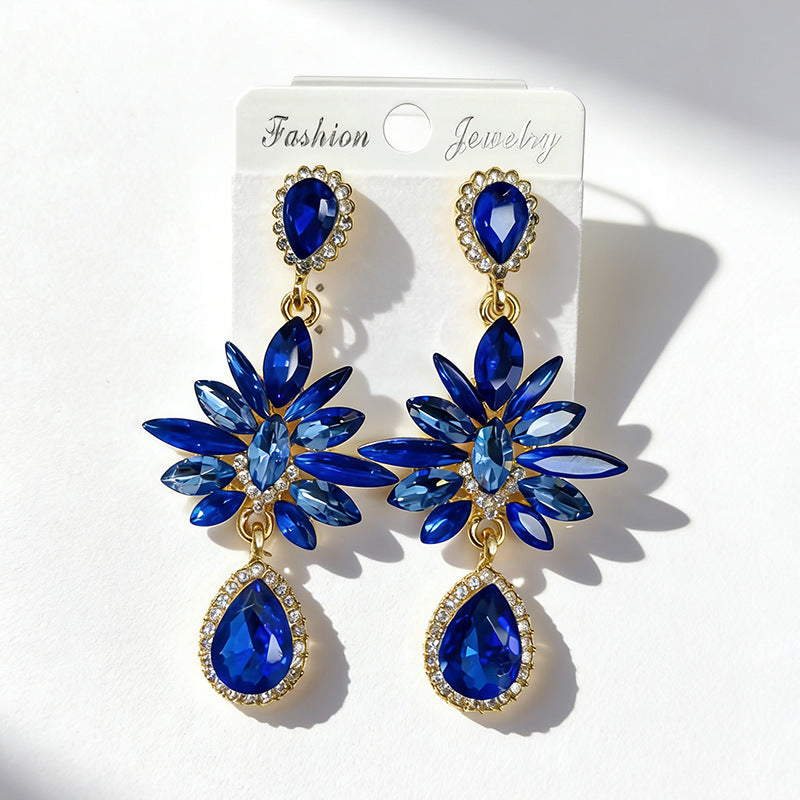 Wholesale Glass Flower Crystal Teardrop Full Diamond Earrings