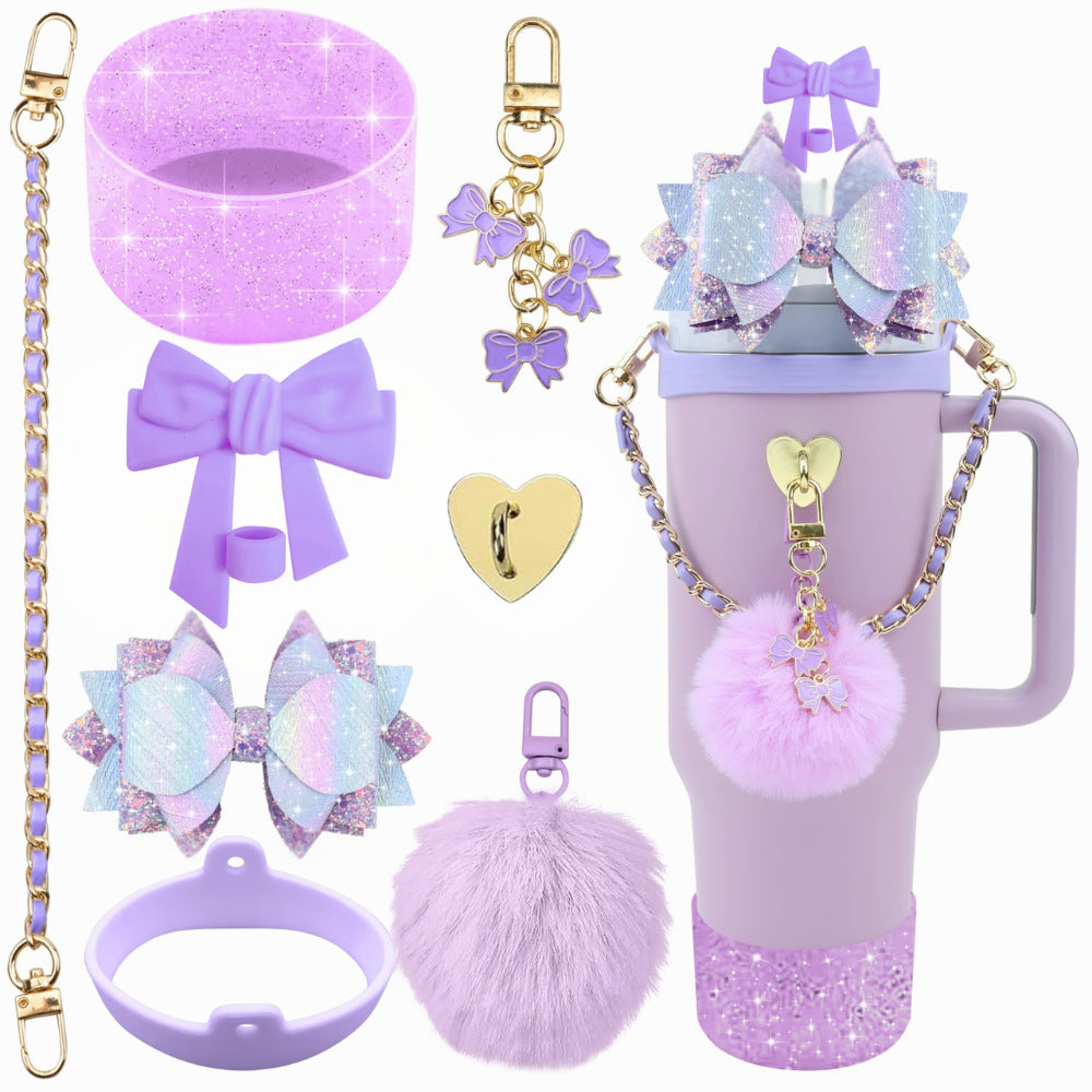 Wholesale mug accessories portable chain bow straw decorative silicone cup set cup chain flower pendant