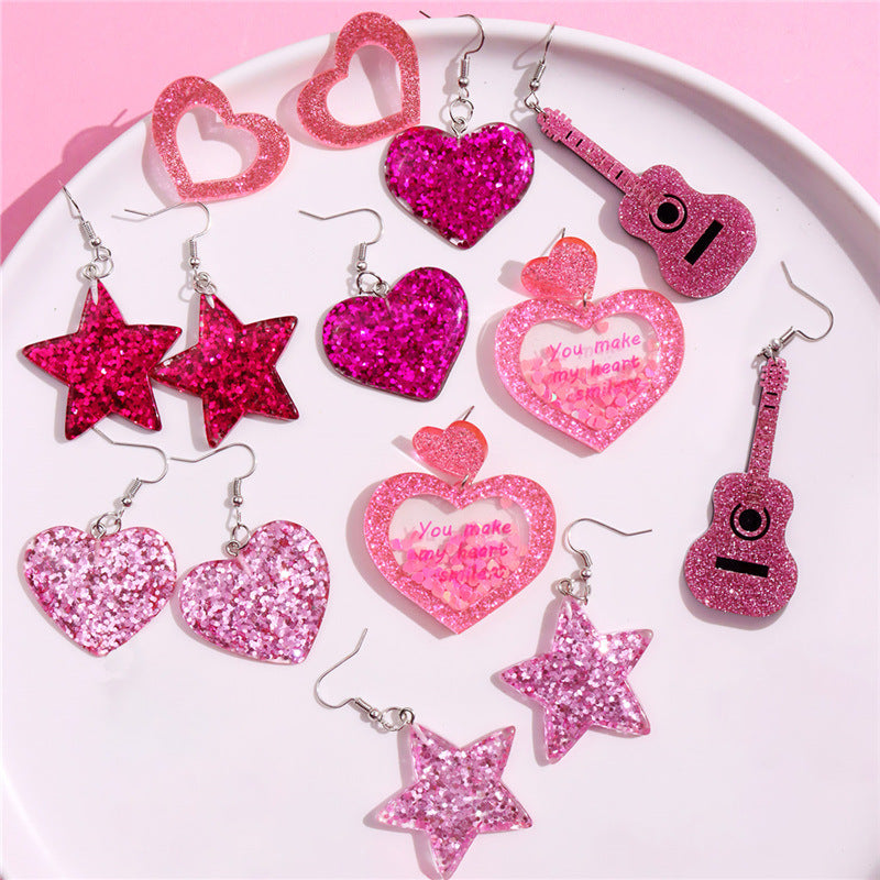 Wholesale Pink Valentine's Day Love Acrylic sequins Flowing Sand Peach Heart Sweetheart Spicy Girl Earrings