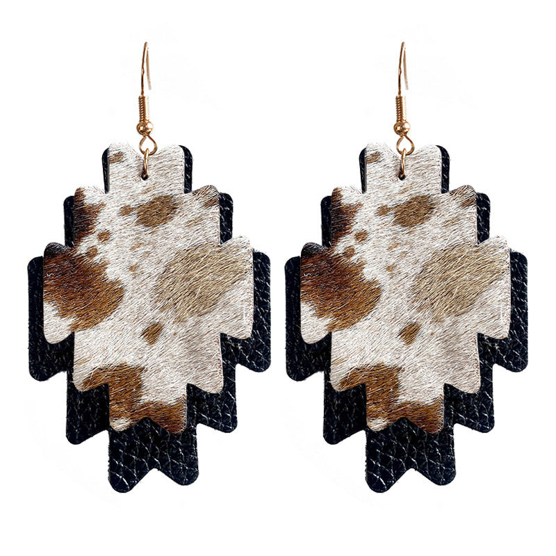 Wholesale 3 Pairs/Pack Western Cowboy Double Layer Aztec Horsehair Cowhide Leather Earrings