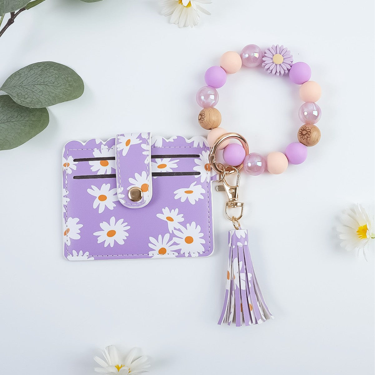 Wholesale Cute  Print Beaded Bracelet Keychain PU Leather Tassel Card Holder Pendant