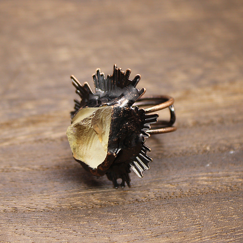 Wholesale Vintage crystal raw stone ring fluorite obsidian open ring