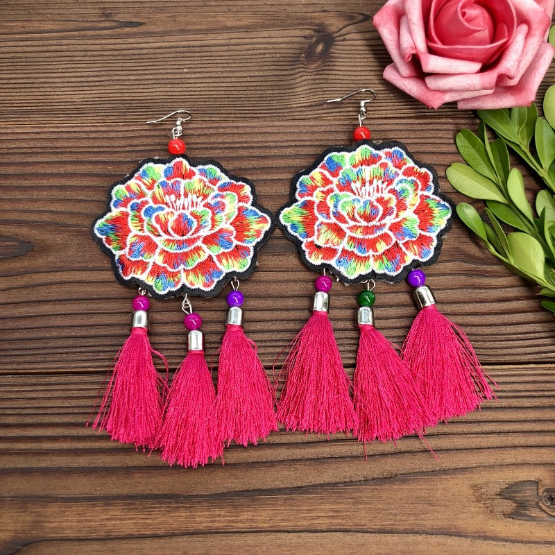 Wholesale Embroidered vintage fabric flower tassel earrings
