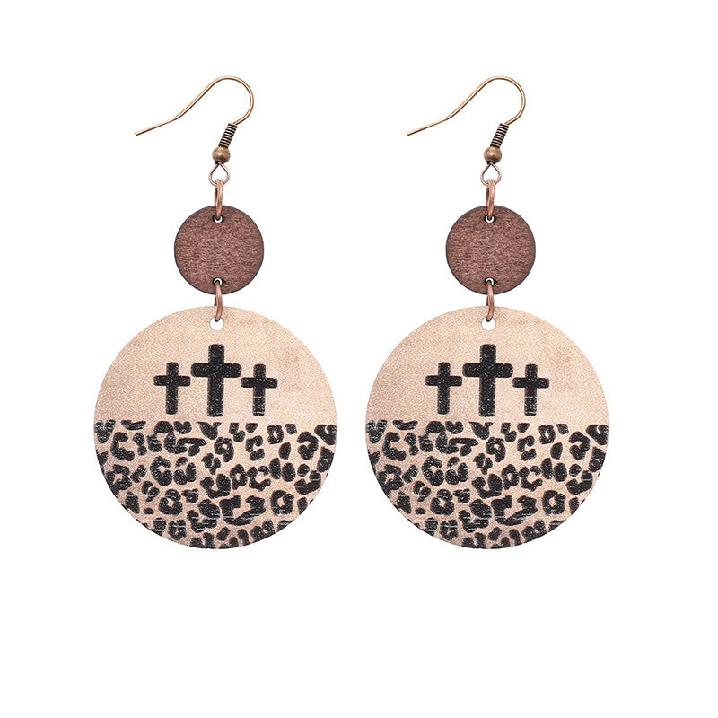 Wholesale Vintage Leopard Print Cross Hollow Wood Chip Round Earrings