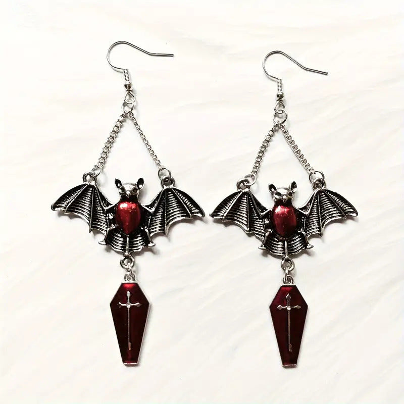 Wholesale Dark Gothic style exaggerated red vampire bat blood mirror earrings