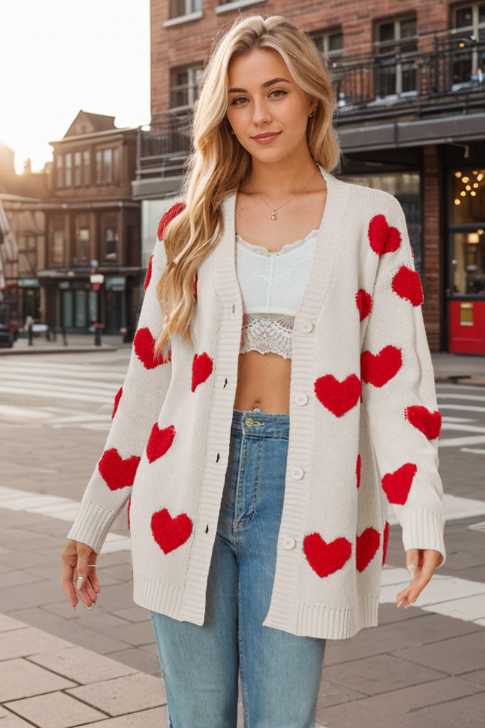 Wholesale Valentine's Day Heart Knitted Cardigan V-neck Button Midi-length Coat