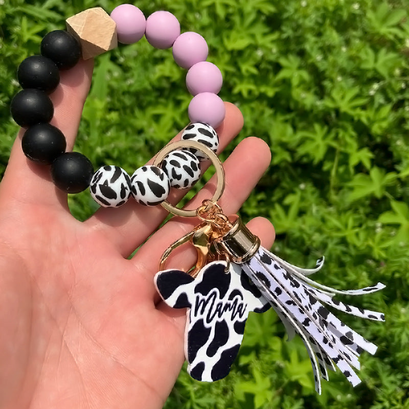 Wholesale Western Style Leopard Print Silicone Bead Bracelet Keychain