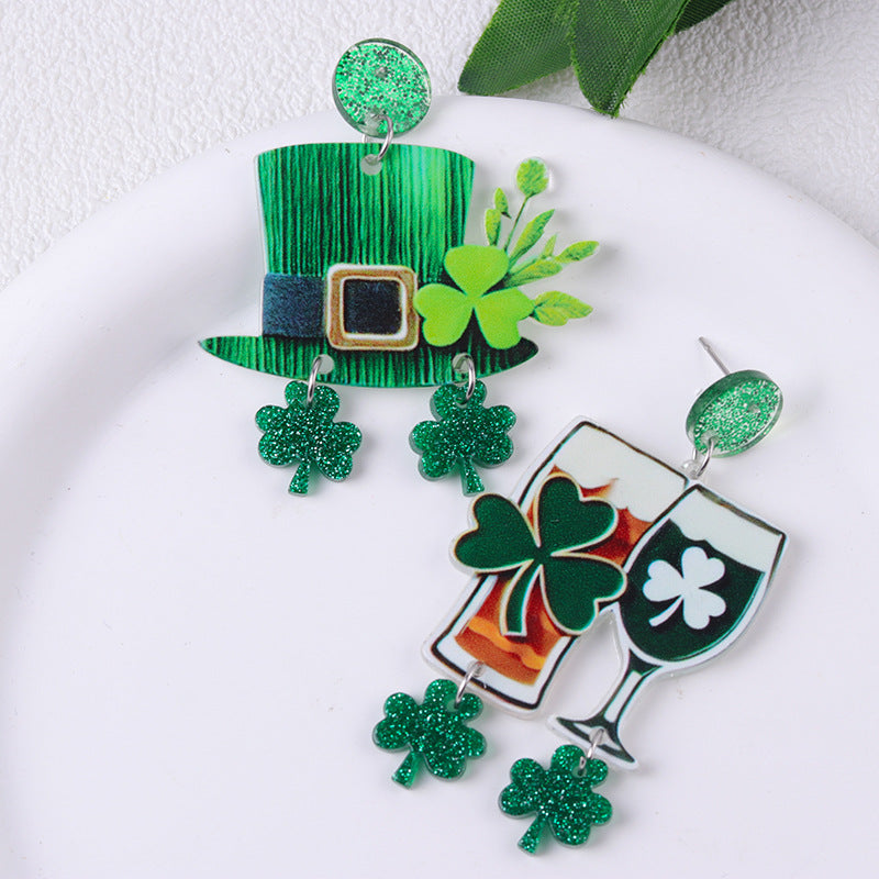 Wholesale St.  Patrick' s  Green AB Beer Acrylic  Clover Earrings