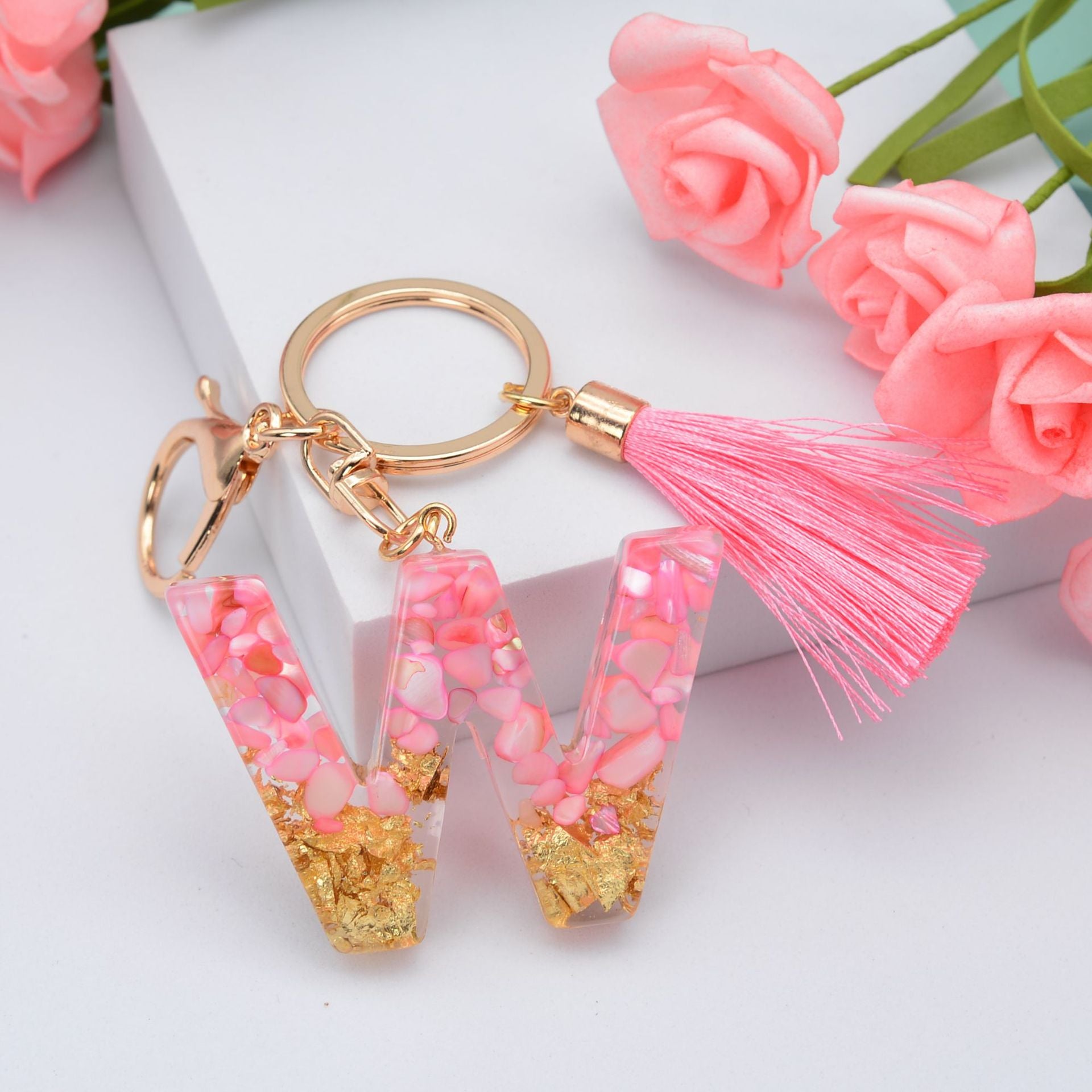 Wholesale Pink Tassel 26 Letter Crystal Resin Keychain