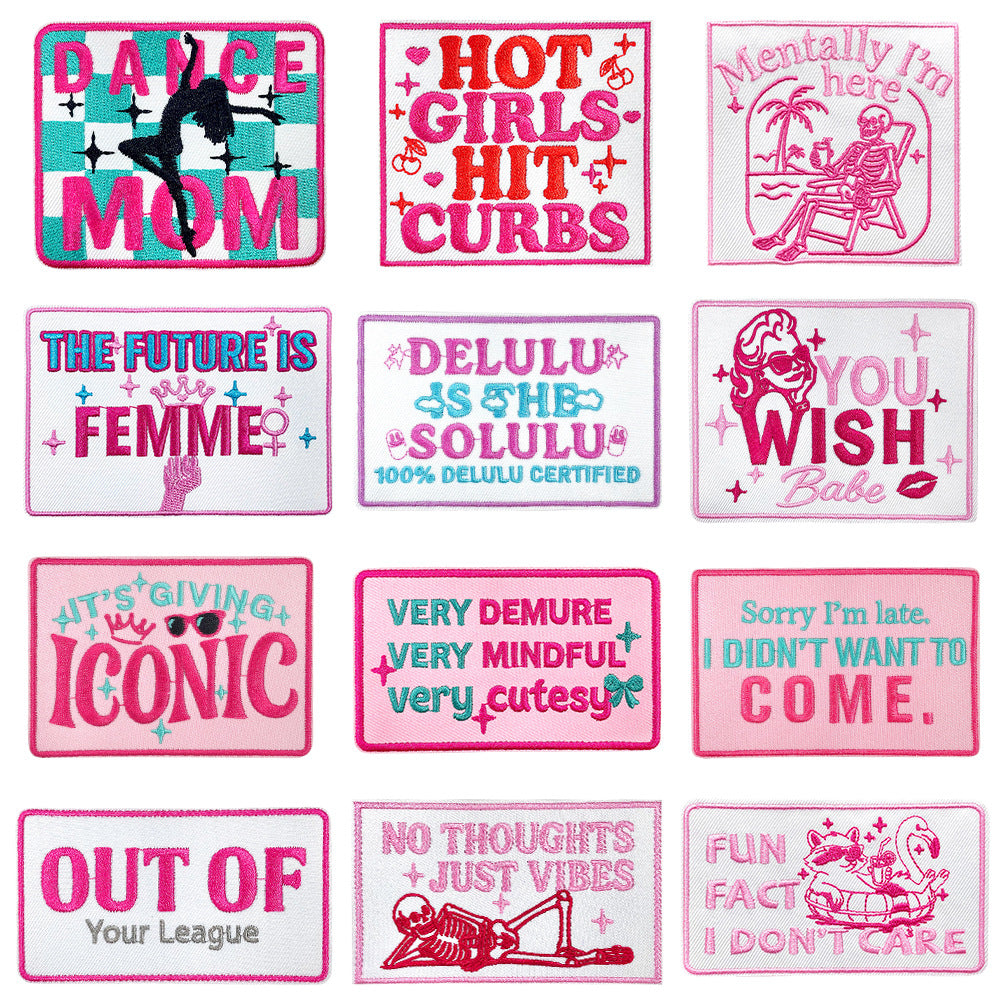 Wholesale Trendy 9 Styles Pink Plaid Letter Embroidered Patches DIY Iron On Applique For Shoes Hats Boutique Resale