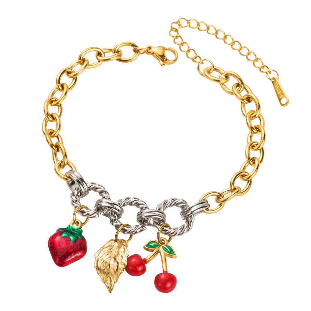 Flower cherry strawberry love pendant titanium steel bracelet