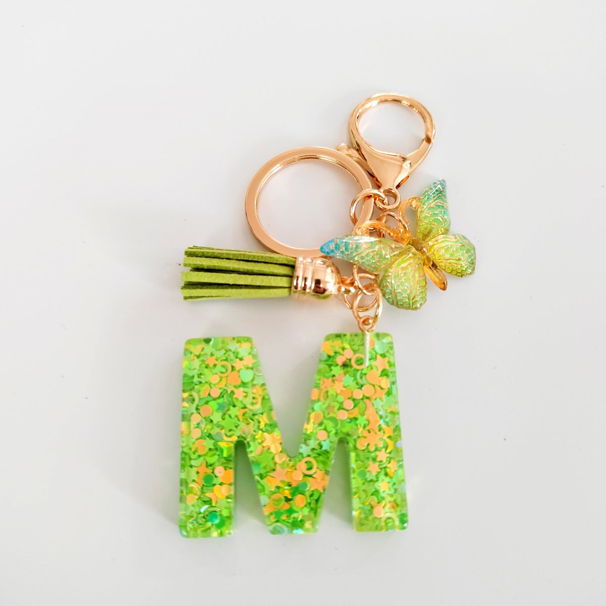 Wholesale 26 English Alphabet Keychain Pendant Green Star Glitter Resin Pendant  Key Chain