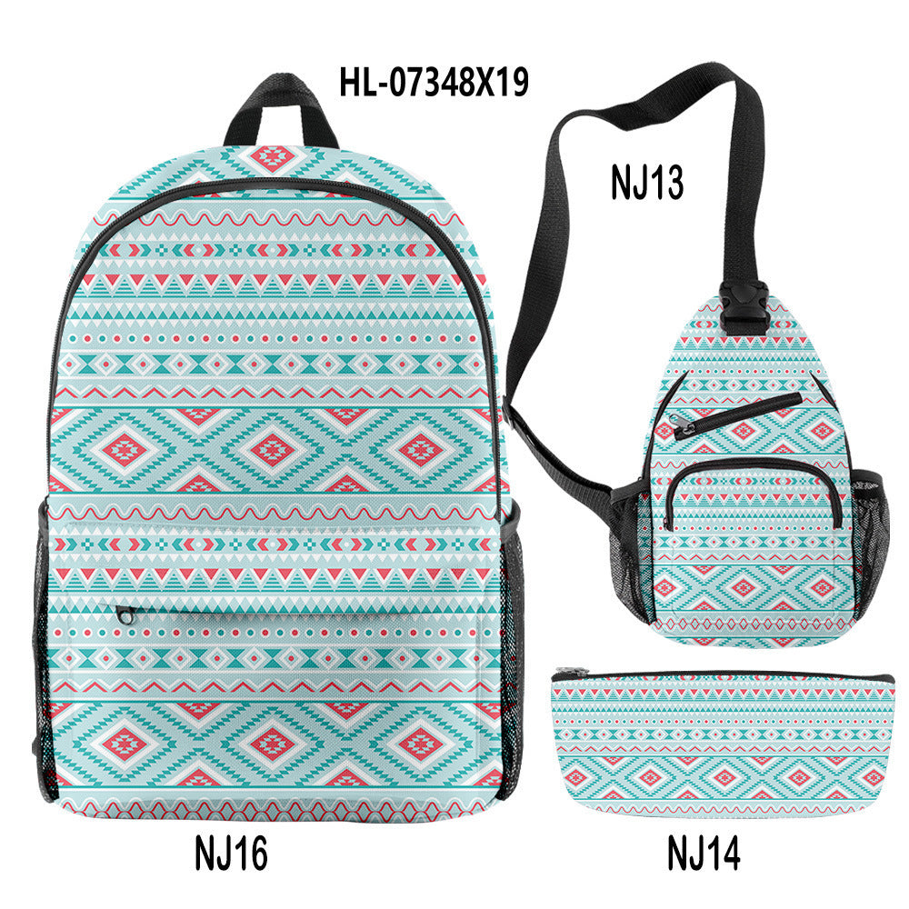 Wholesale Oxford Fabric Aztec Pattern Backpack Shoulder Bag Pencil Case Set
