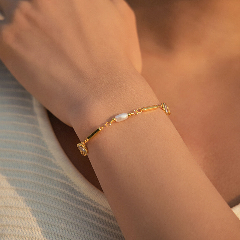 Wholesale Elegant Women S Pearl Zircon Bracelet 18K Gold Plated Copper Chic Jewelry Accessory For Party Wedding And Everyday Wear