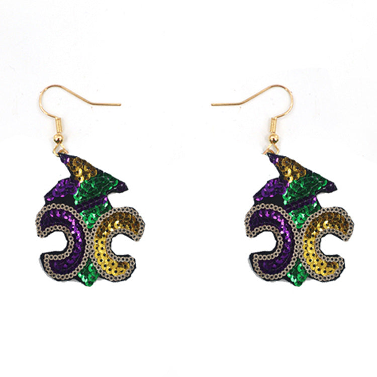 Wholesale Carnival Sequin Gold Purple Green Feather Accessories Earrings
