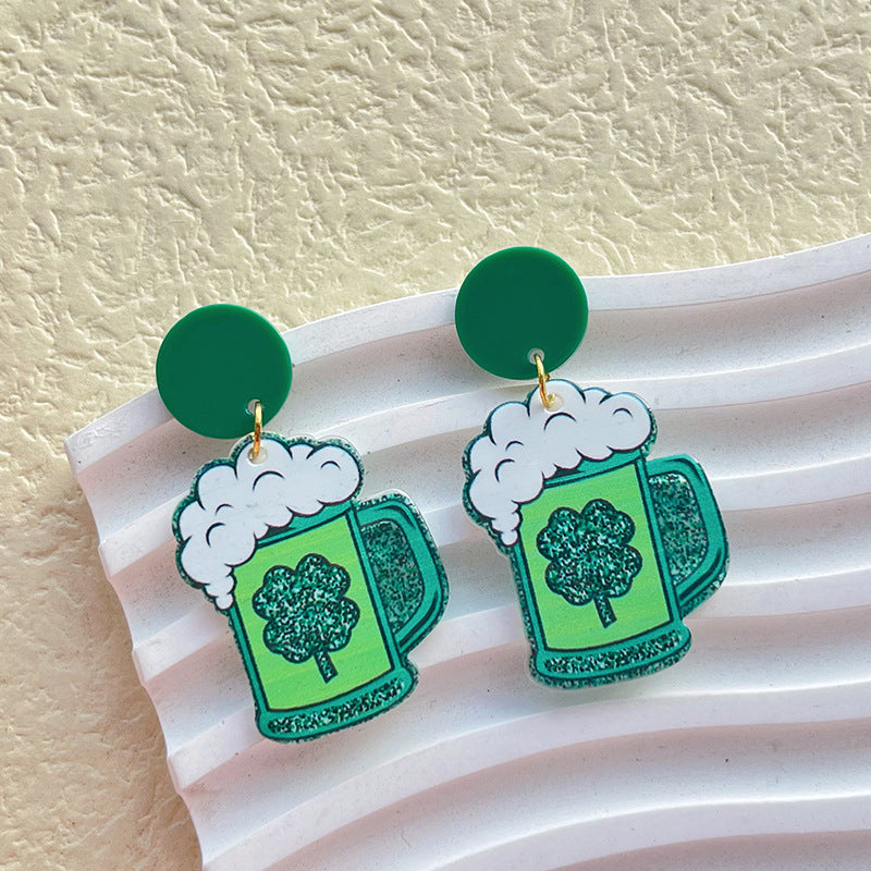 Wholesale St. Patrick's Day Irish Carnival Green Acrylic Glitter Clover Earrings