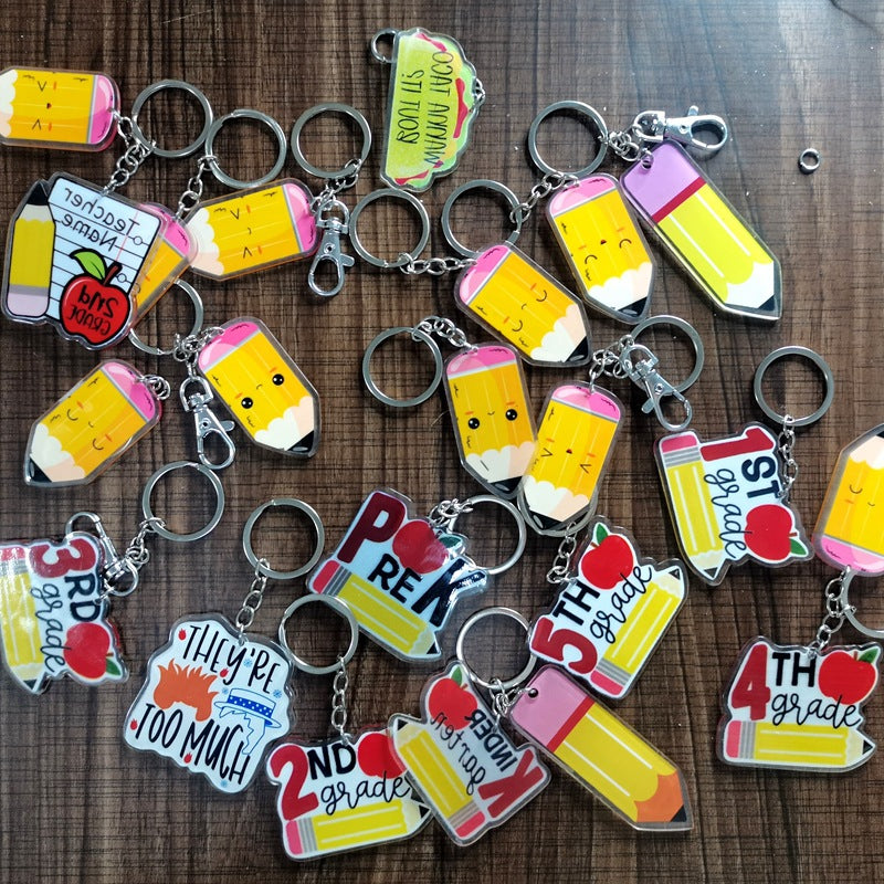Wholesale Acrylic Teacher's Day Backpacks, Pencils, Smiling Faces, Keychain Pendants