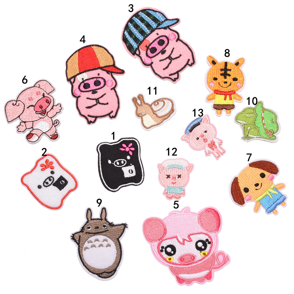 Wholesale Embroidered Cartoon Pig Patches Set 13 Pieces Cute Animal Cloth Sew On Badges Fashion DIY Accessory For Clothing Resale OLY Exclusive