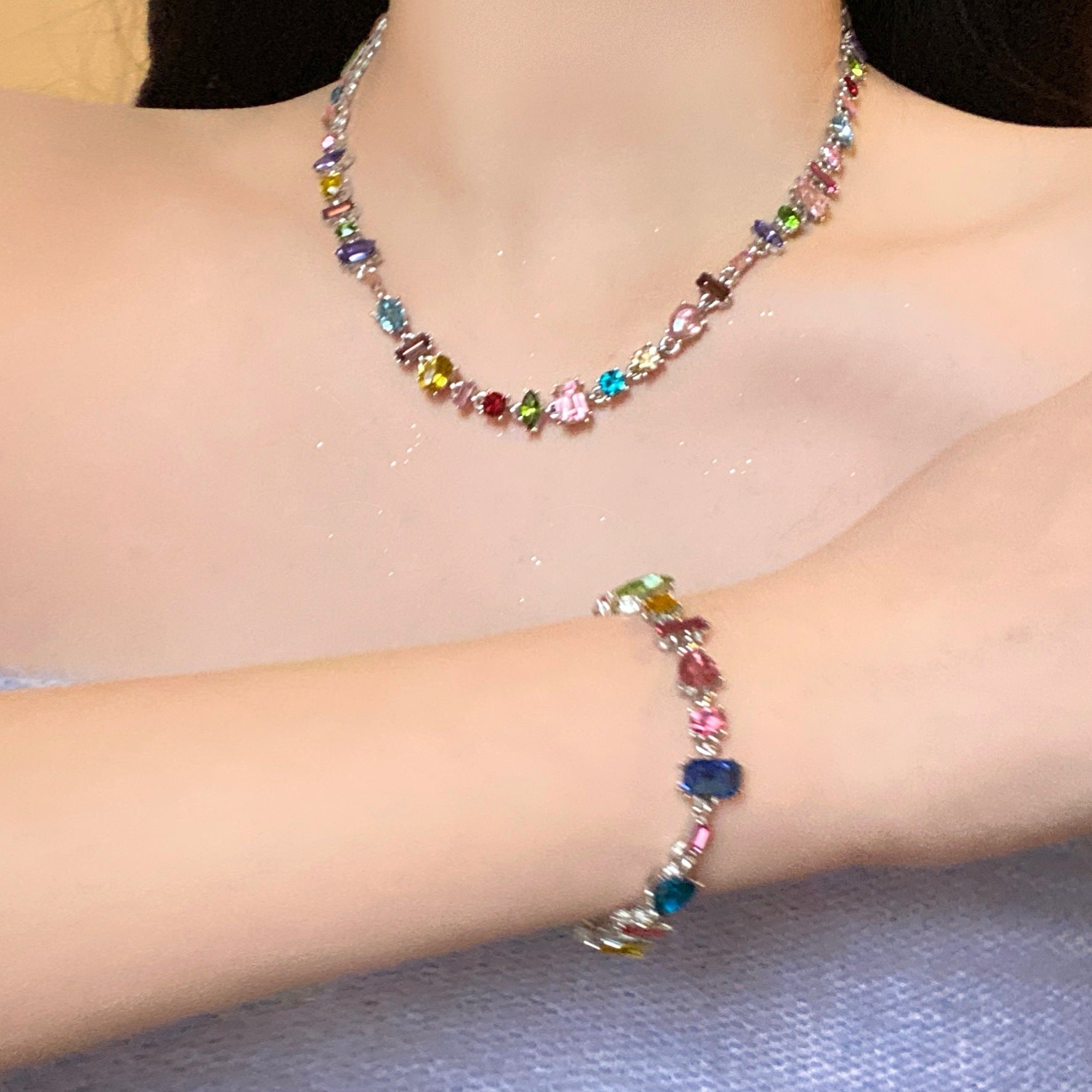 Wholesale Sweetheart Candy Colorful Crystal Zircon Heart Rainbow Necklaces