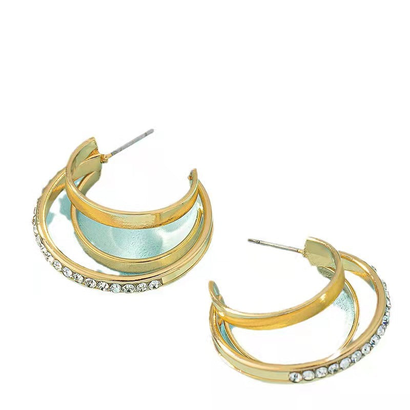 Wholesale Metal Cool Style C-shaped Diamond Studded Retro Style Earrings
