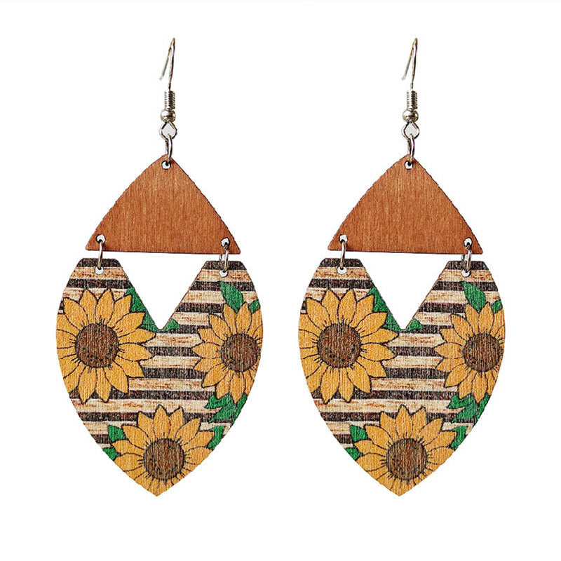 Wholesale 2 Pairs/pack Bohemian Western Style Sunflower Striped Floral Wooden Earrings