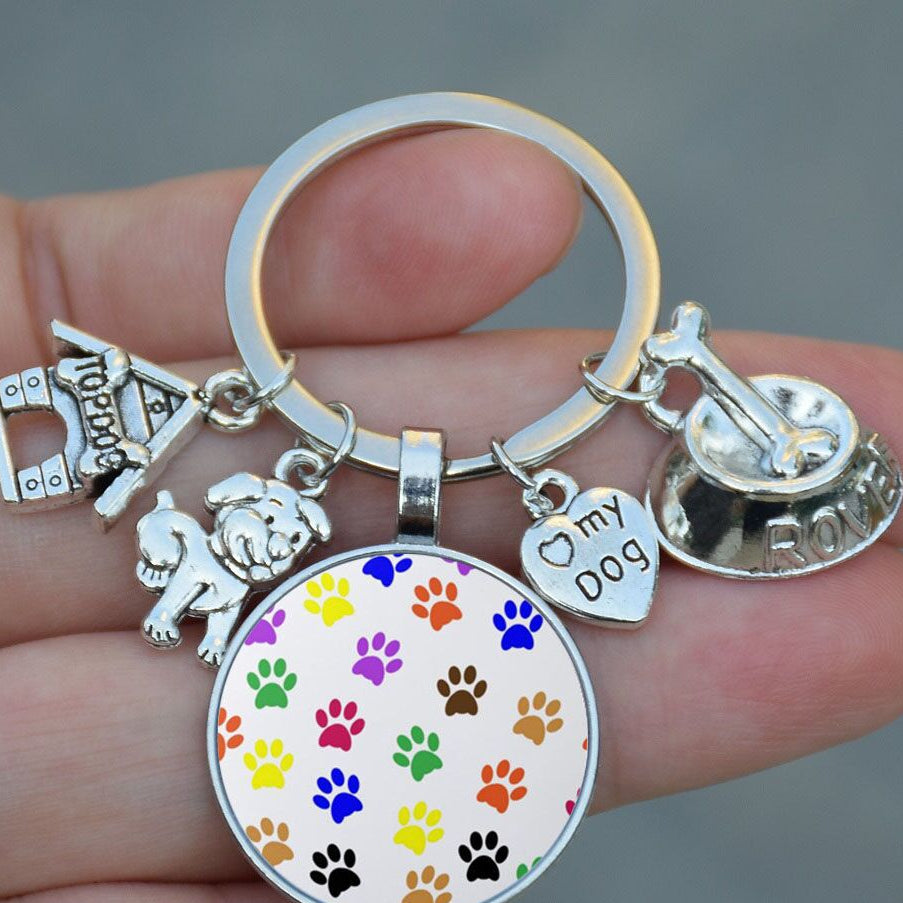 Wholesale 5pcs Dog Bowl Love My Dog Time Gemstone Keychain Pet Lover Key