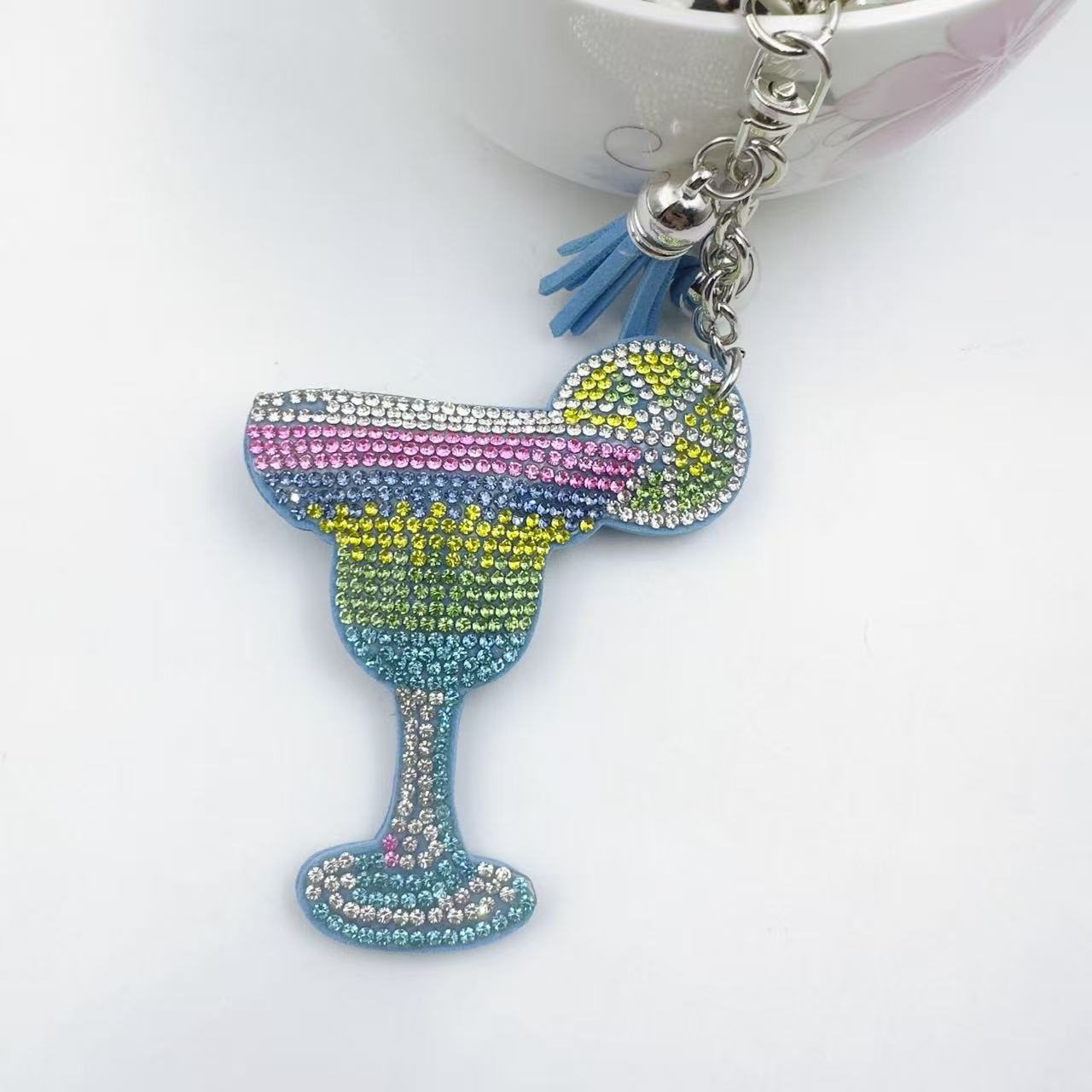 Wholesale Rhinestone Studded Wine Glass Keychain With Tassel Pink Zinc Alloy Bag Charm For Wedding Favors