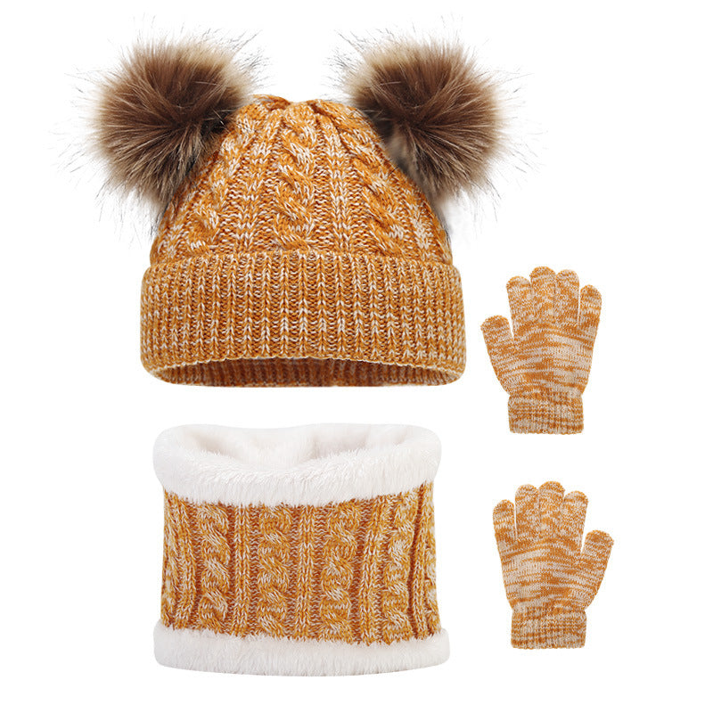Wholesale Children's Winter Woolen Hat Double Ball Knitted Hat Scarf Gloves Set