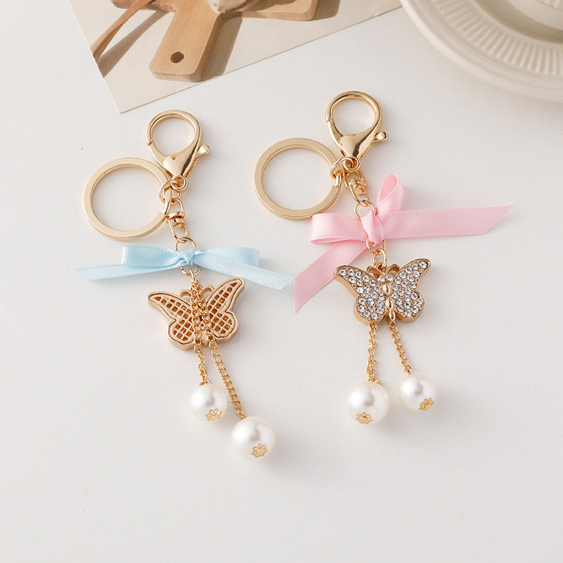 Wholesale Pearl Alloy Butterfly Tassel Keychain