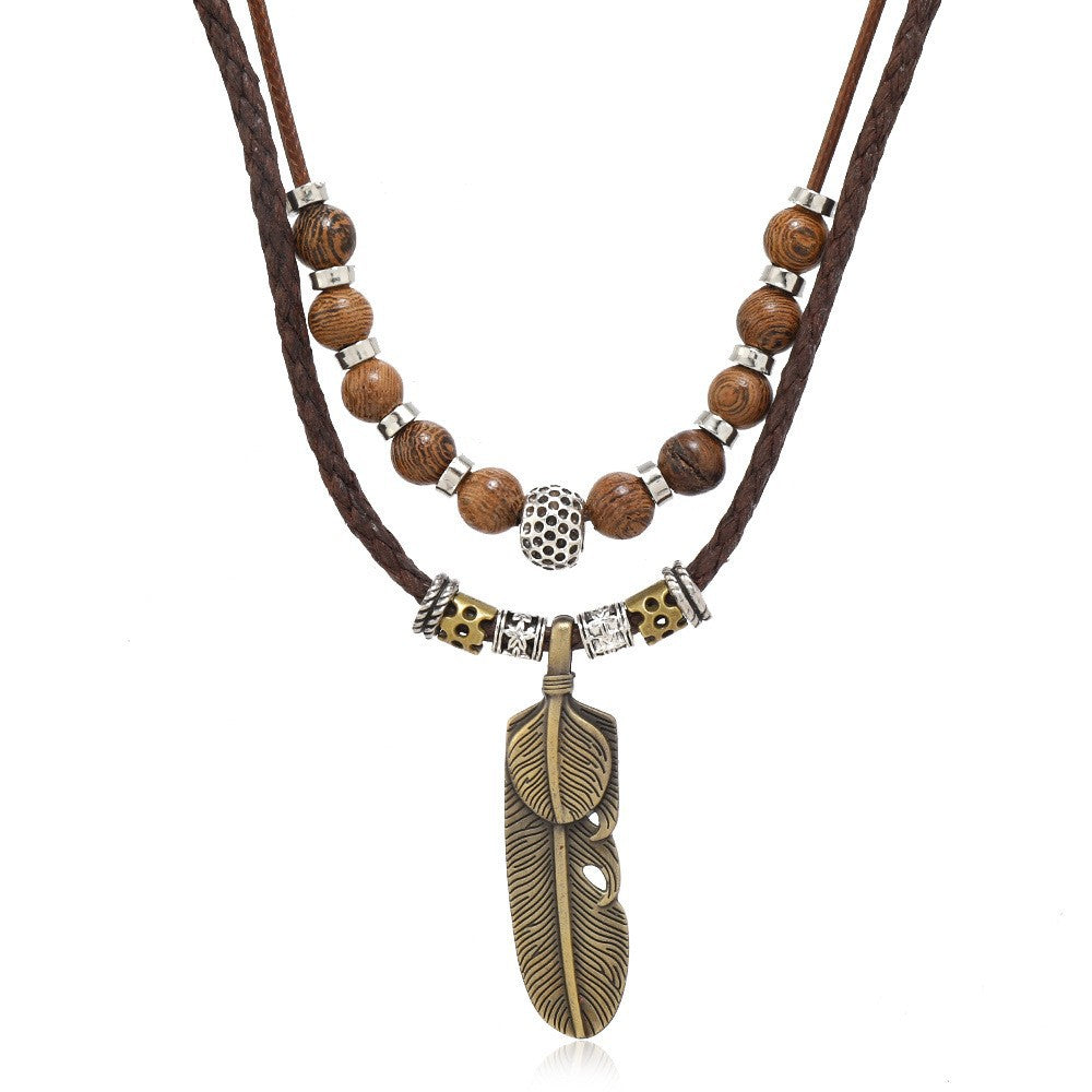 Wholesale retro butterfly alloy multi-layer wooden beads knotted hand-woven necklace jewelry