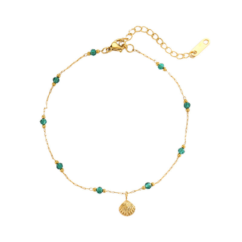 Wholesale Vintage Green Zircon Shell Titanium Steel Anklet