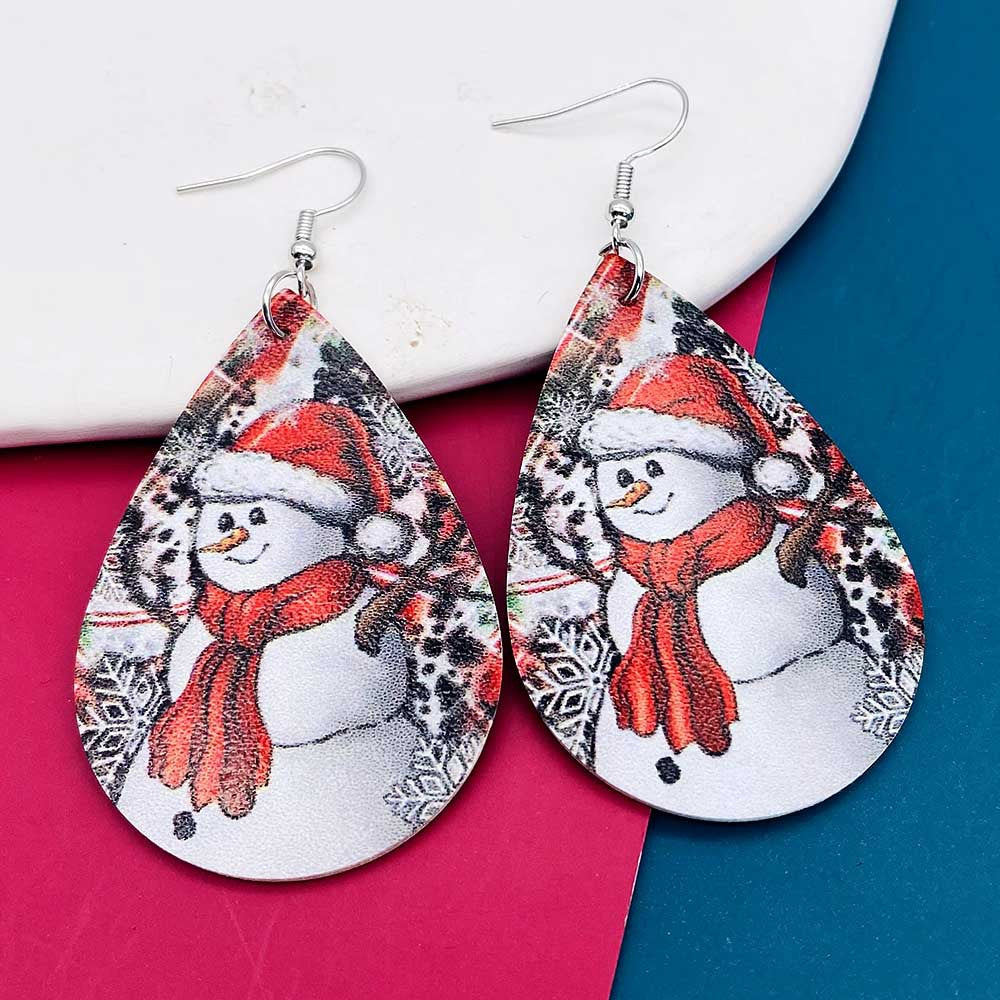 Wholesale Christmas Snowman Snowflake Double Sided Printed Droplet Leather Earrings