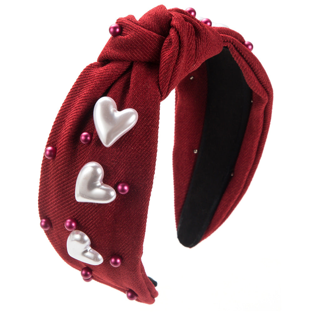 Wholesale Fabric Inlaid with Multiple Heart-shaped Pearl Studded Valentine's Day Headbands
