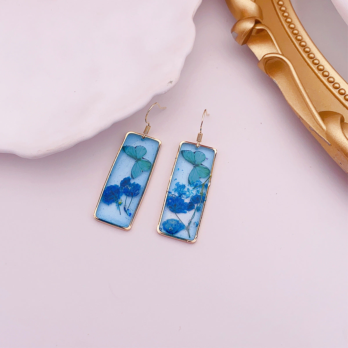 Wholesale Butterfly Drop Glue Preserved Flower Rectangular Earrings