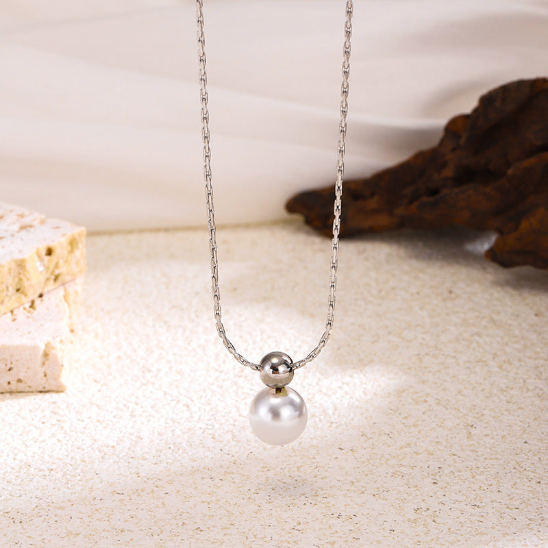 Wholesale French Style Pearl Collarbone Necklace For Women Gold Tone Titanium Steel Elegant Everyday Jewelry Accessory Boutique Gift
