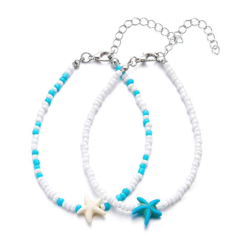Wholesale Vacation Ocean Style Rice Pearl Stacked Starfish and Turtle Anklet