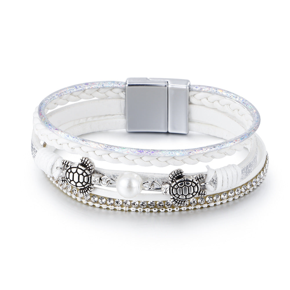Wholesale Ethnic Style Pearl Turtle Magnetic Buckle Multi-layer PU Leather Woven Bracelet
