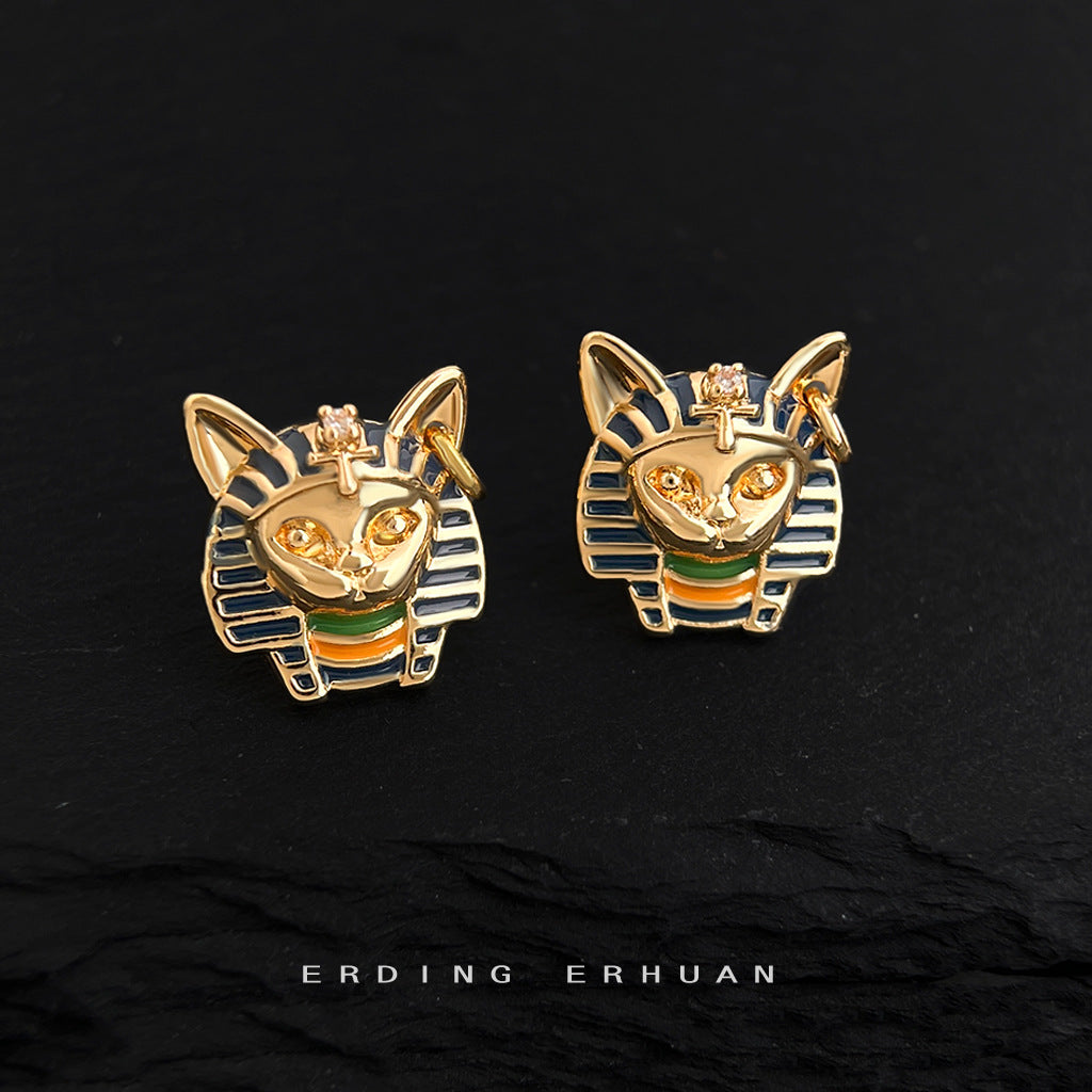 Wholesale Cat Head Pharaoh Enamel Dripping Glaze Painted Silver Needle Earrings