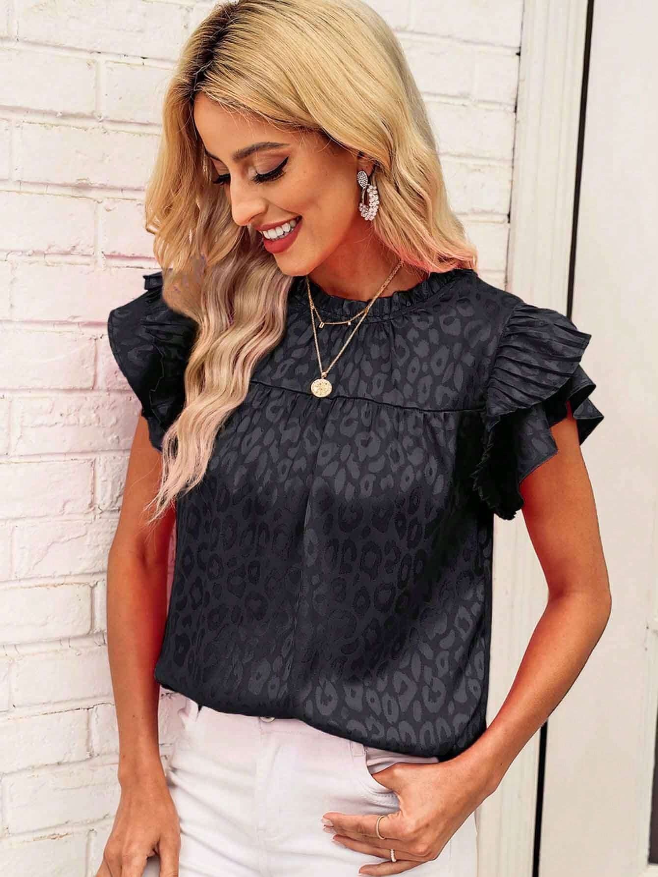 Wholesale Fashion Versatile Printed Ruffle Sleeve Wave Neck Top