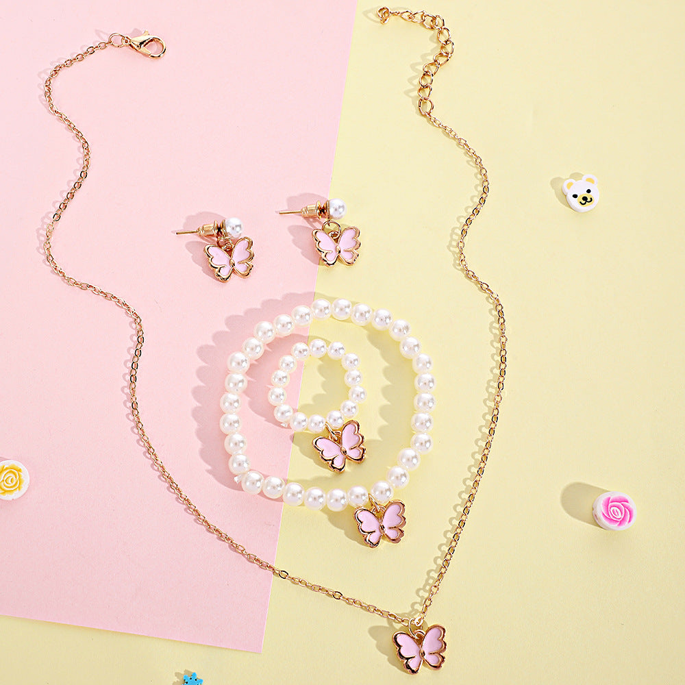 Juego de joyería para niños de perlas al por mayor Aceite de goteo de collares de mariposa rosa rosa