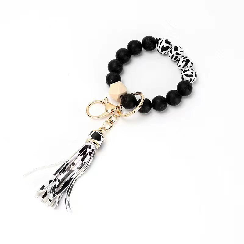 Wholesale Silicone Beads Solid Wood Beads PU Tassel Bracelet Keychain
