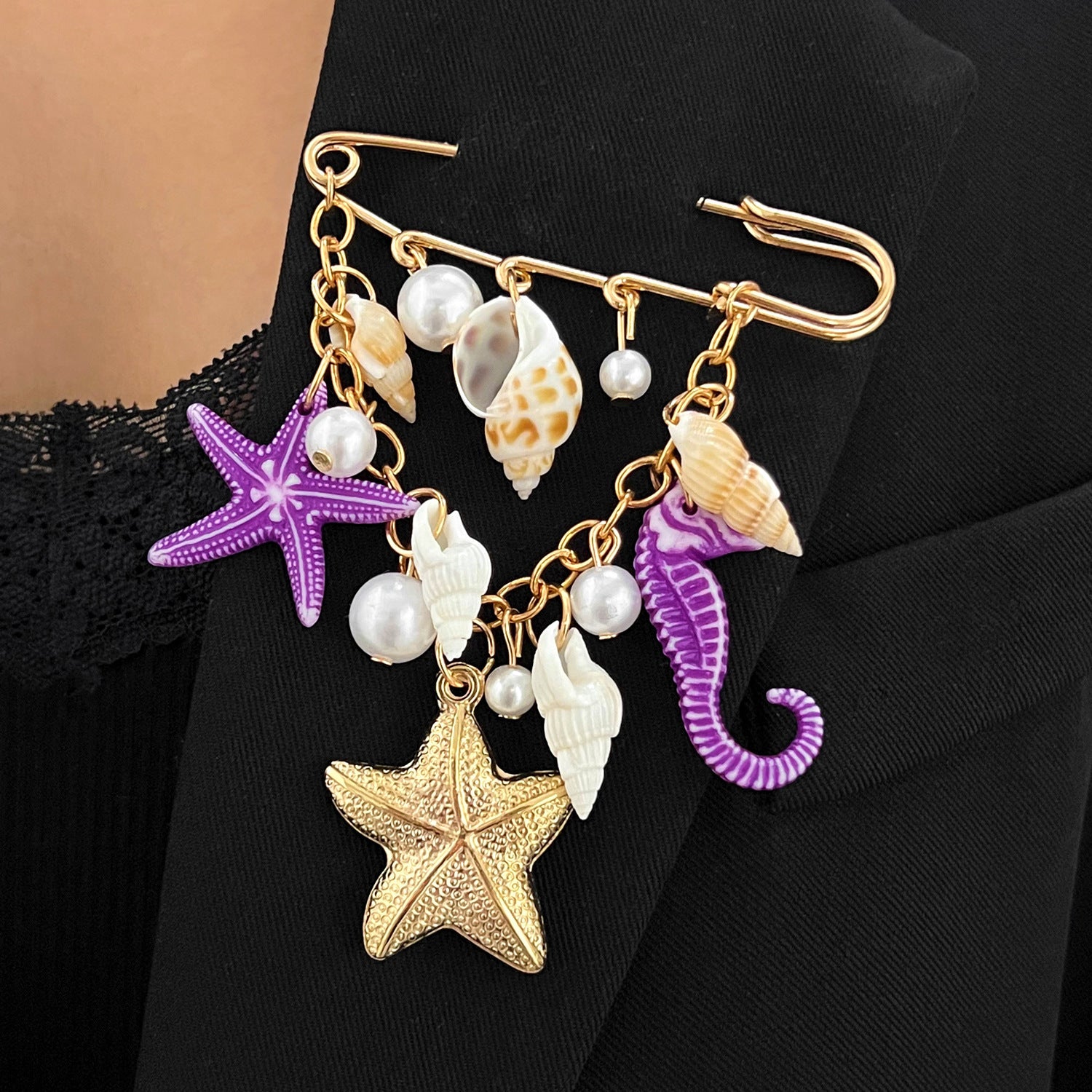 Wholesale Alloy Gold Beach Brooch Pendant Starfish Shell Imitation Pearl Women S Multifunctional Pants Chain Clip Everyday Jewelry Accessory Gift