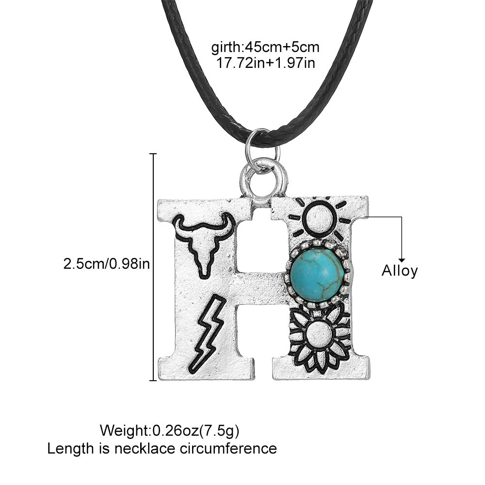 Wholesale English letter necklace western style cactus sunflower turquoise chain