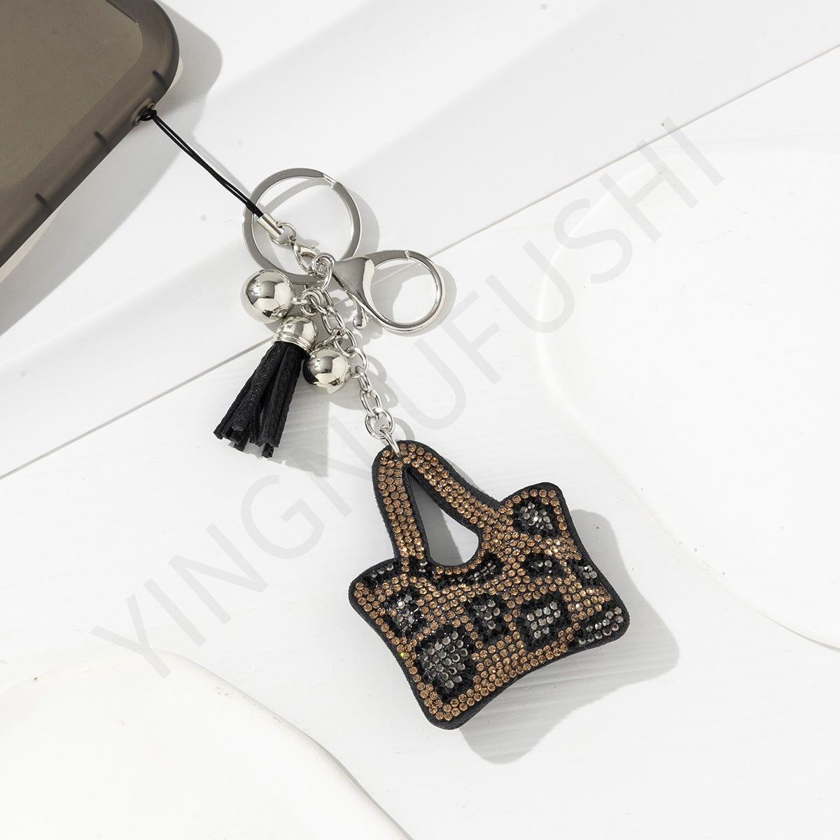 Wholesale Metal Leopard Rhinestone Pentagram Heart Mini Bag Keychain