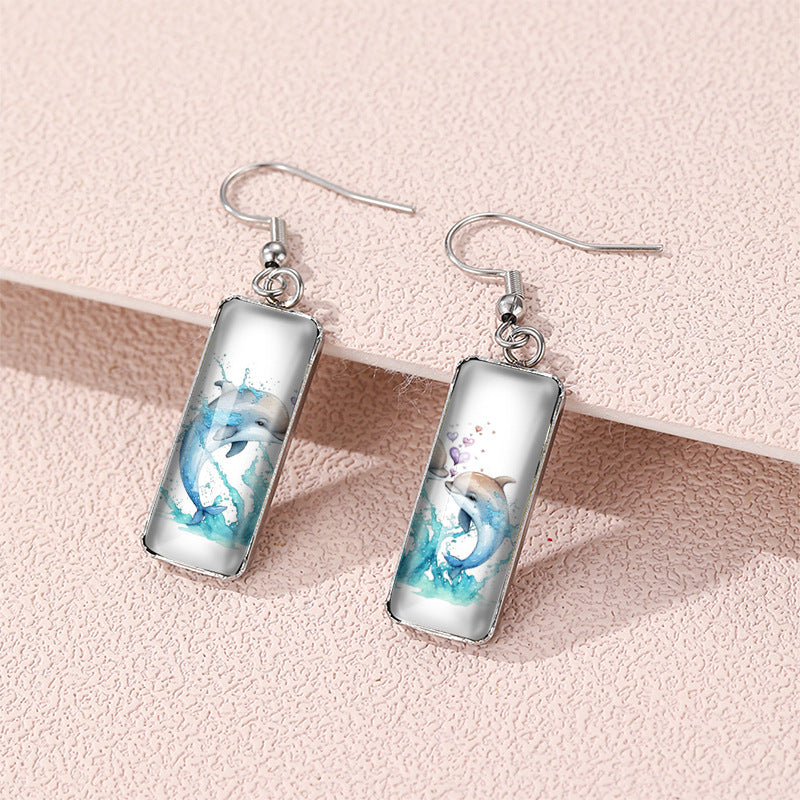 Wholesale Dolphin Time Gemstone Rectangular Glass Earrings